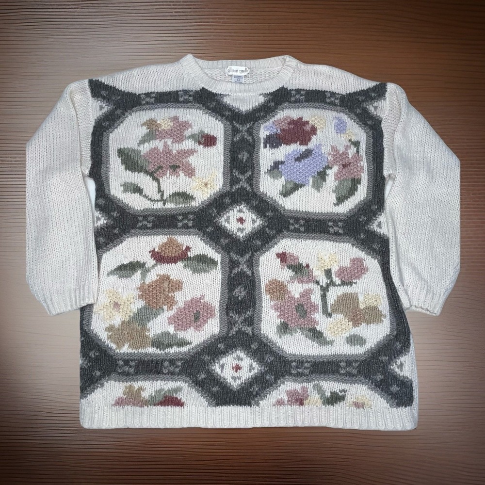 Allison Smith Sweater Women's LARGE Floral Geometric Design Crewneck Cream Grey